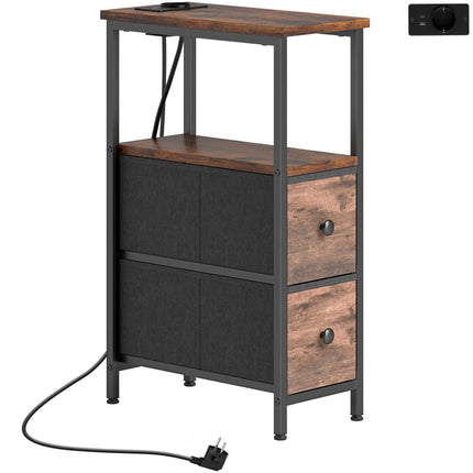 Table d'appoint avec station de recharge, structure en acier, 2 tiroirs en tissu