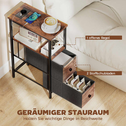Table d'appoint avec station de recharge, structure en acier, 2 tiroirs en tissu