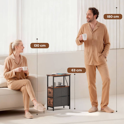 Table d'appoint avec station de recharge, structure en acier, 2 tiroirs en tissu
