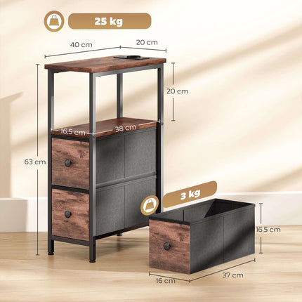 Table d'appoint avec station de recharge, structure en acier, 2 tiroirs en tissu