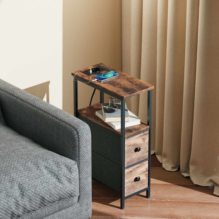 Table d'appoint avec station de recharge, structure en acier, 2 tiroirs en tissu