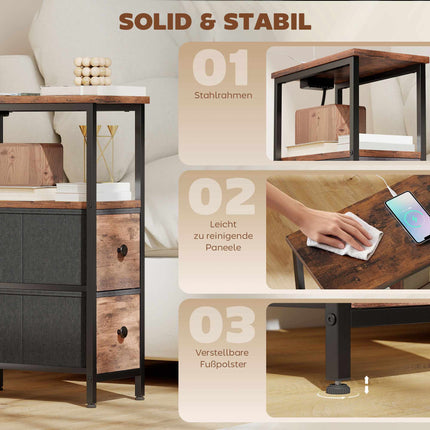Table d'appoint avec station de recharge, structure en acier, 2 tiroirs en tissu