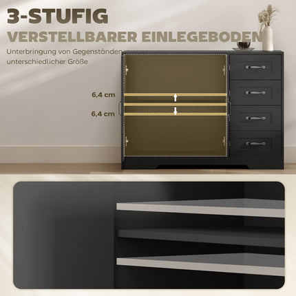 Sideboard, moderner Stil, 4 Schubladen, 1 Schrank, schwarz