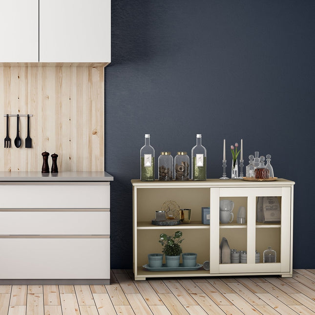 Buffet meuble de cuisine salon règle avec portes coulissantes blanc crème 106,5 x 33 x 62,5 cm