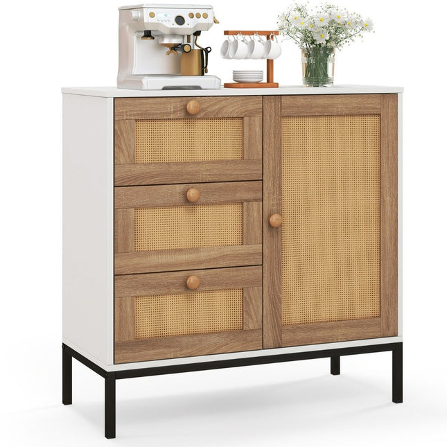 Buffet en rotin, commode avec 1 porte et 3 tiroirs, meuble de cuisine 80 x 35 x 80,5 cm blanc + naturel
