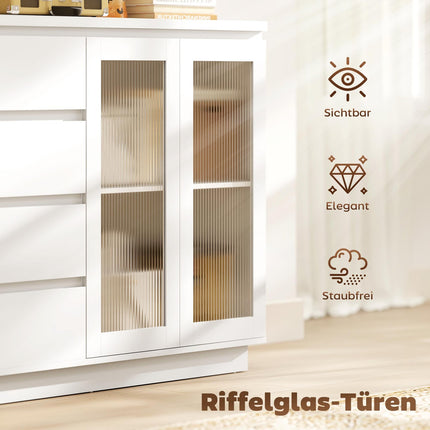 Sideboard mit 4 Schubladen, 2 Glastüren, MDF, Weiß