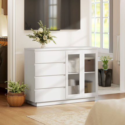 Sideboard mit 4 Schubladen, 2 Glastüren, MDF, Weiß