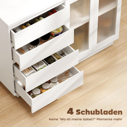 Sideboard mit 4 Schubladen, 2 Glastüren, MDF, Weiß