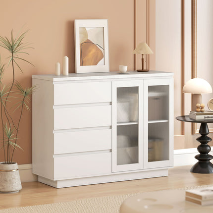 Sideboard mit 4 Schubladen, 2 Glastüren, MDF, Weiß