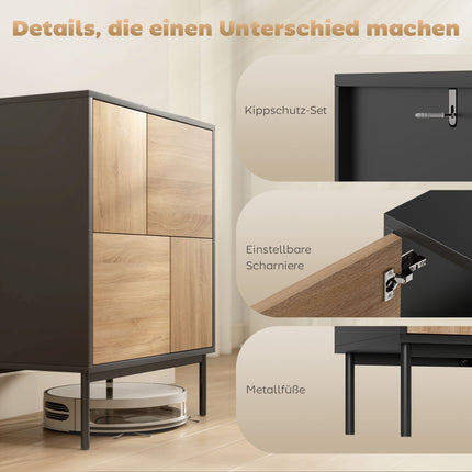 Sideboard mit Push-to-Open Türen, Schwarz/Naturholz