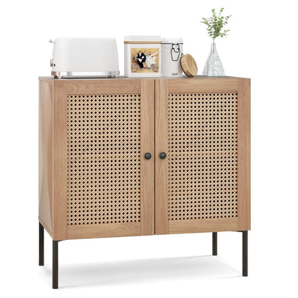Buffet avec portes en rotin, plan de travail et compartiments réglables, armoire de cuisine en chêne