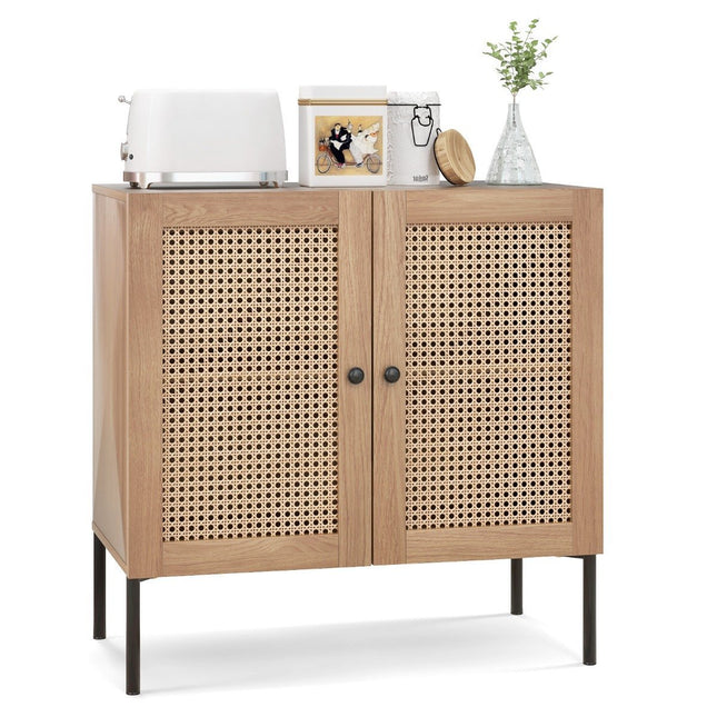 Buffet avec portes en rotin, plan de travail et compartiments réglables, armoire de cuisine en chêne