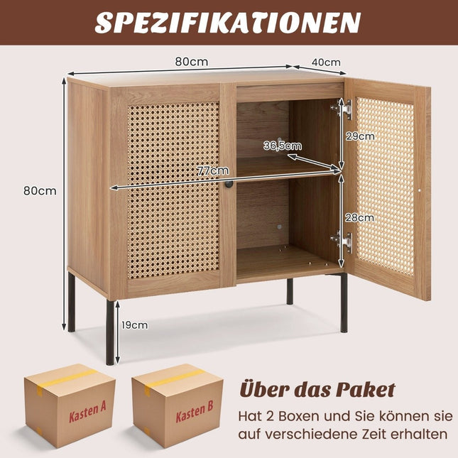Buffet avec portes en rotin, plan de travail et compartiments réglables, armoire de cuisine en chêne