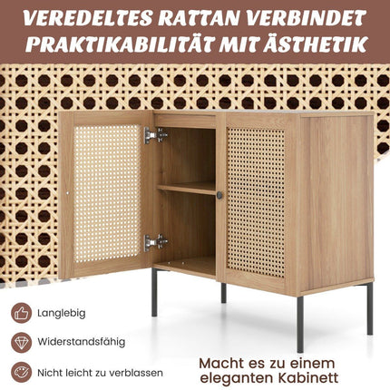 Buffet avec portes en rotin, plan de travail et compartiments réglables, armoire de cuisine en chêne
