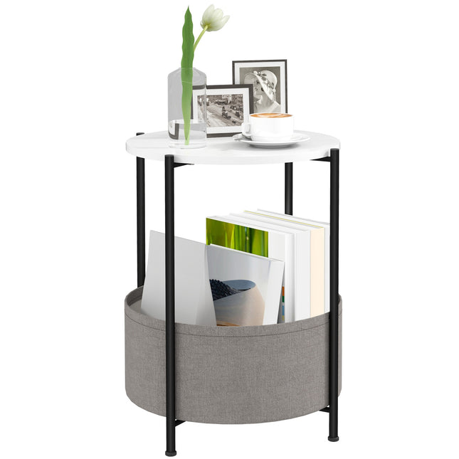 Table d'appoint, table basse avec panier en tissu, table basse ronde avec espace de rangement, pour salon, chambre, 44 x 44 x 56 cm, acier, gris + blanc