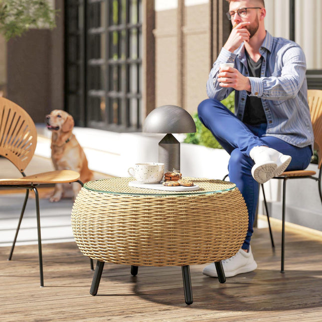 Table d'appoint en polyrotin, table basse ronde, table basse avec plateau en verre, table de balcon, table de jardin, table de canapé, table basse, table en rotin pour jardin, terrasse, balcon, Ø75 x 42 cm, marron