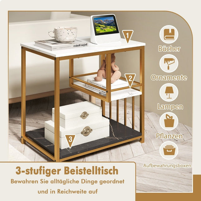 Beistelltisch Marmoroptik 3-stöckig Nachttisch mit Metallgestell Couchtisch Modern Wohnzimmertisch Weiß