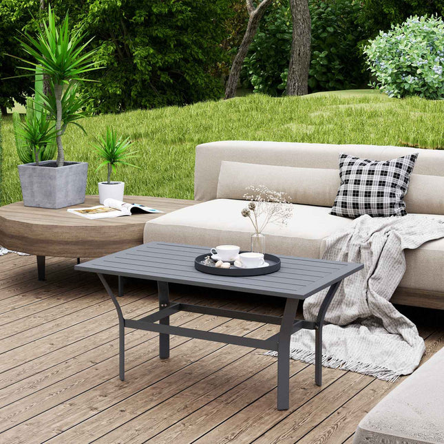 Table d'appoint Table de balcon en métal avec lattes design Table basse résistante aux intempéries Table de jardin Table de canapé facile d'entretien Table d'extérieur pour balcon jardin terrasse véranda 91,5 x 55 x 45 cm gris foncé Aosom