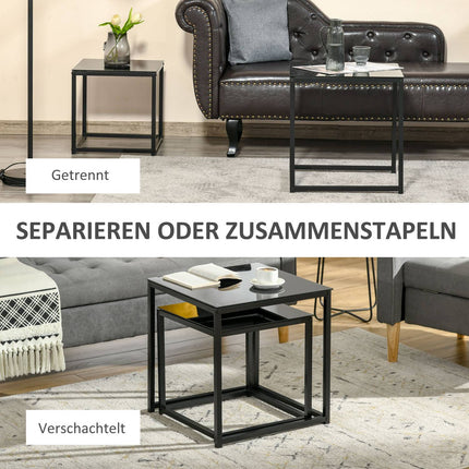 Schwarzer Couchtisch-Satz zum Ineinanderschieben – Glasplatte, Stahlrahmen