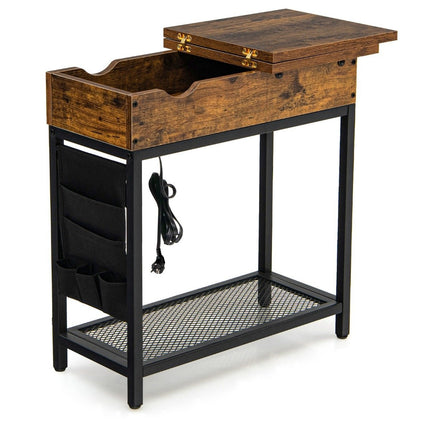 Table d'appoint avec station de charge, table basse étroite, 60 x 30 x 58,5 cm, marron