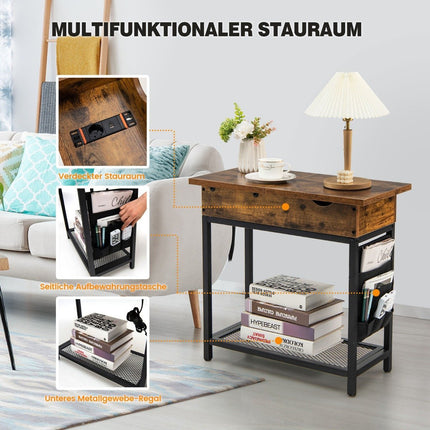 Table d'appoint avec station de charge, table basse étroite, 60 x 30 x 58,5 cm, marron