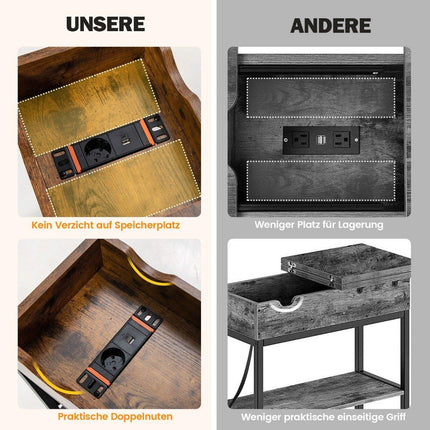 Table d'appoint avec station de charge, table basse étroite, 60 x 30 x 58,5 cm, marron