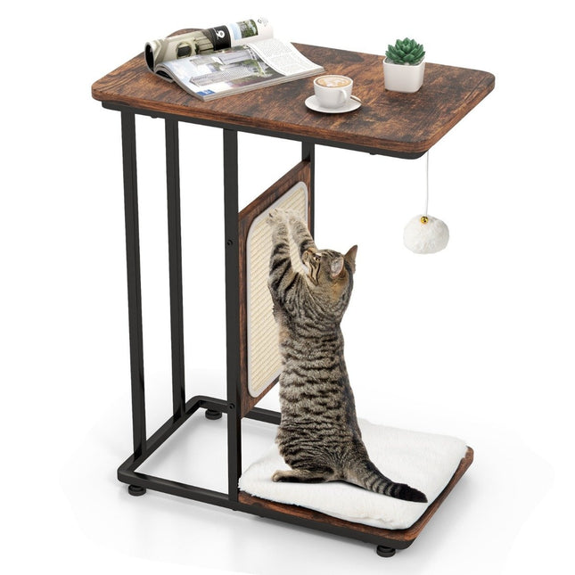 Beistelltisch mit Sisalkratzbrett 4 in 1 Katzenmöbel Katzenkratzbaum mit abnehmbarem Kissen &amp; Ball 50 x 30 x 64 cm rustikal braun