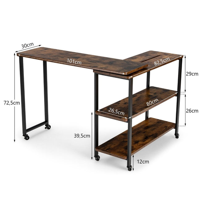 Side table wooden coffee table L-shaped table top 360° rotatable 3 levels living room table vintage 101 x 82.5 x 72.5 cm