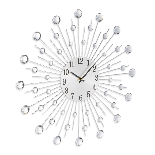 Horloge murale argentée ornée de pierres scintillantes, diamètre 50 cm