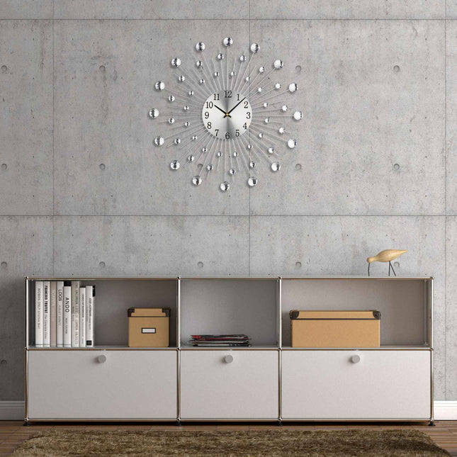 Horloge murale argentée ornée de pierres scintillantes, diamètre 50 cm