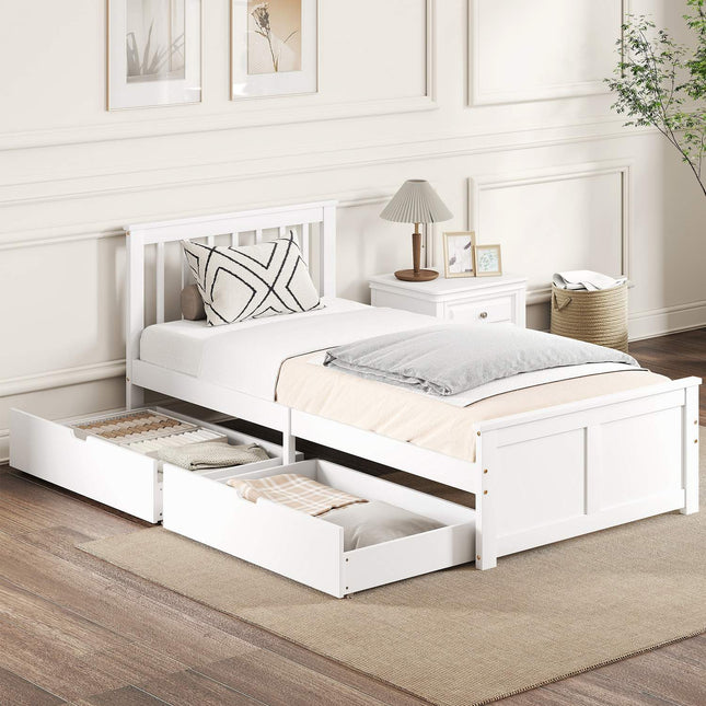 Cadre de lit simple avec tiroirs, bois, 90 x 200 cm, blanc