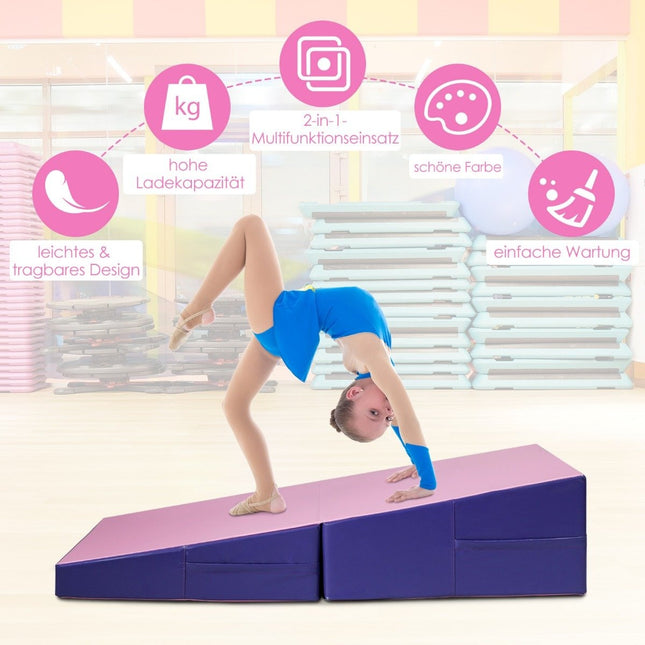 Tapis de gymnastique incliné, tapis de sol souple en forme de coin, tapis de gymnastique pliable 2 en 1 avec poignée de transport, 150x75x36 cm, rose + violet