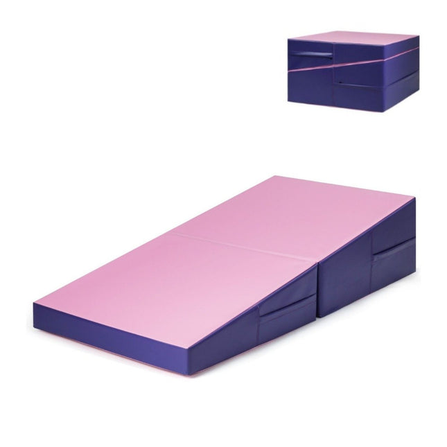 Tapis de gymnastique incliné, tapis de sol souple en forme de coin, tapis de gymnastique pliable 2 en 1 avec poignée de transport, 150x75x36 cm, rose + violet