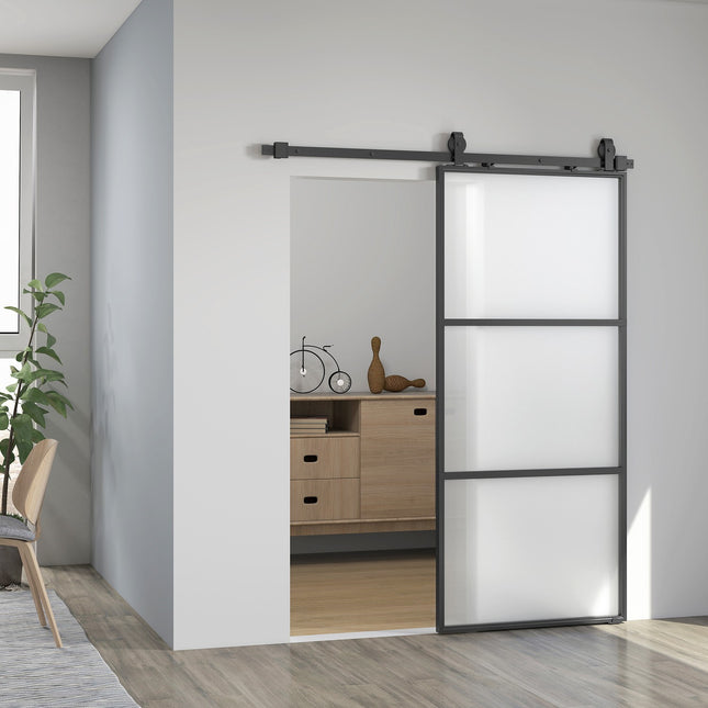Kit de porte coulissante en verre dépoli, fermeture amortie, acier noir