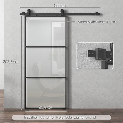 Kit de porte coulissante en verre dépoli, fermeture amortie, acier noir