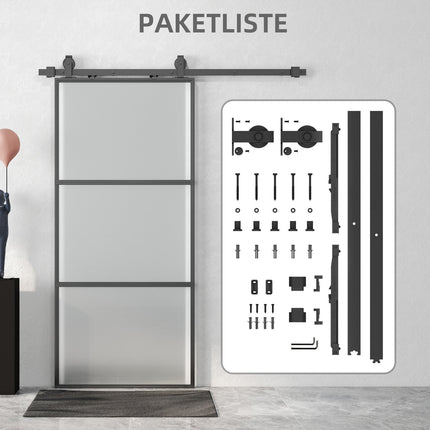 Kit de porte coulissante en verre dépoli, fermeture amortie, acier noir