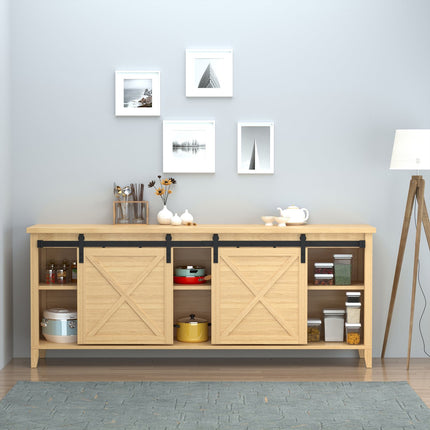 Double sliding door system in wood, black carbon steel