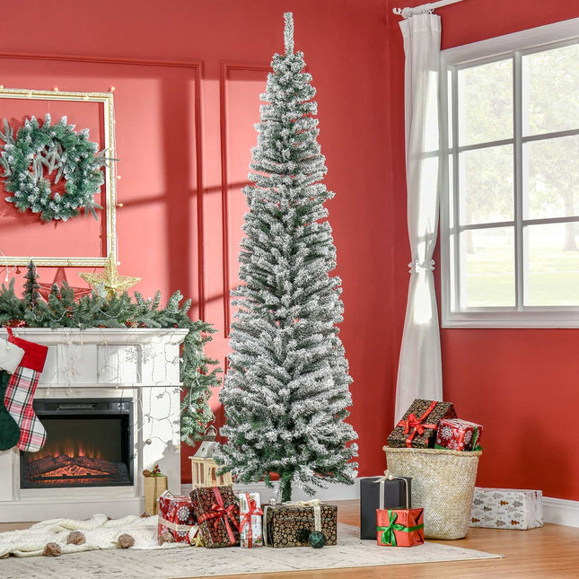 Sapin de Noël artificiel mince avec revêtement enneigé, 225 cm