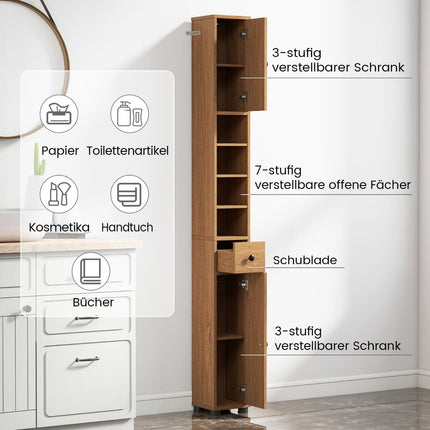 Meuble de salle de bain étroit avec 2 portes, tiroir et étagères réglables