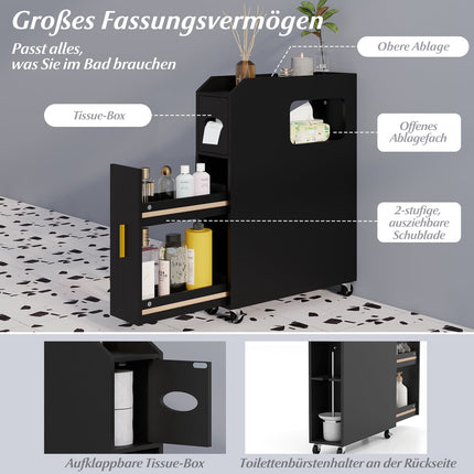 Meuble de salle de bain étroit avec tiroir et boîte à mouchoirs, noir