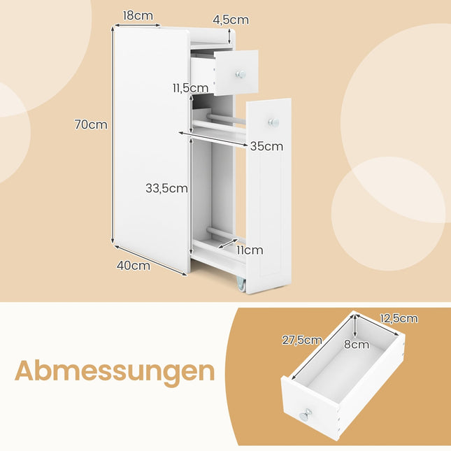 Meuble de rangement de salle de bain mince avec tiroirs, blanc, 4 niveaux