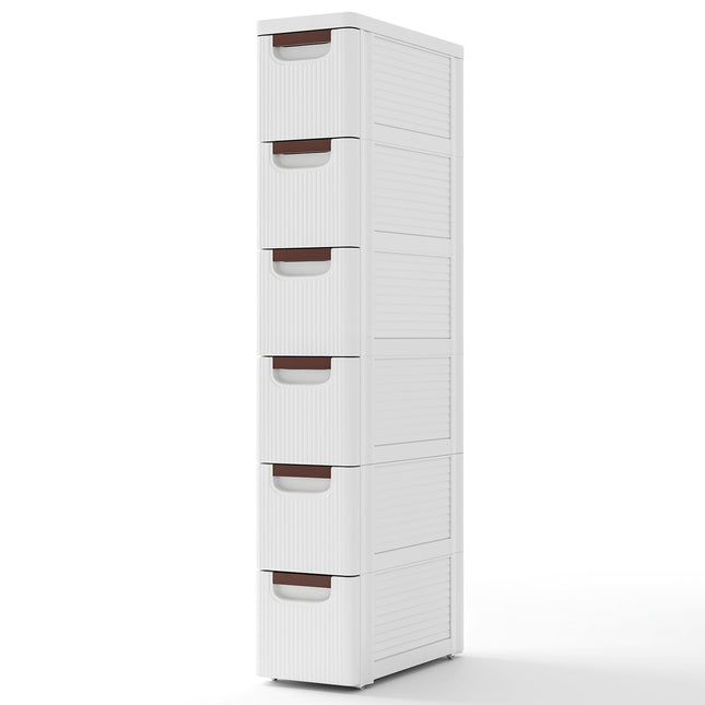 Armoire de rangement mobile mince à 6 tiroirs, blanche, en polypropylène (PP).