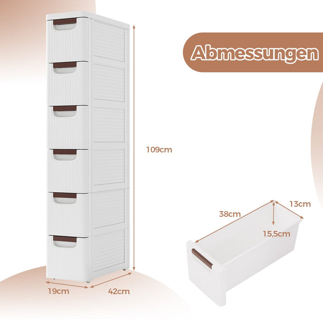 Armoire de rangement mobile mince à 6 tiroirs, blanche, en polypropylène (PP).