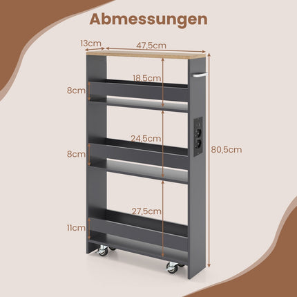 Schmaler Rollwagen mit Ladestation, 4-lagig, Grau