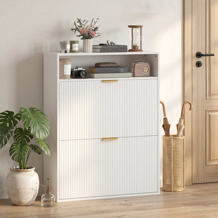 Meuble à chaussures étroit, 2 tiroirs rabattables, étagère supérieure – profondeur 24 cm, blanc
