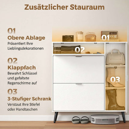 Schlanker Schuhschrank mit 2 Kippfächern, weißes MDF