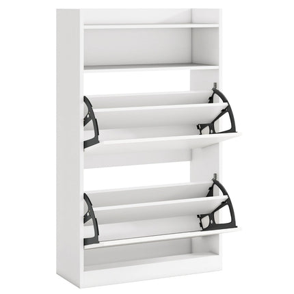 Meuble à chaussures étroit avec 2 compartiments rabattables, bois blanc