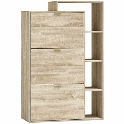 Slim Shoe Cabinet with 3 Flip Compartments for 18 Pairs, Natural, 25 cm Deep