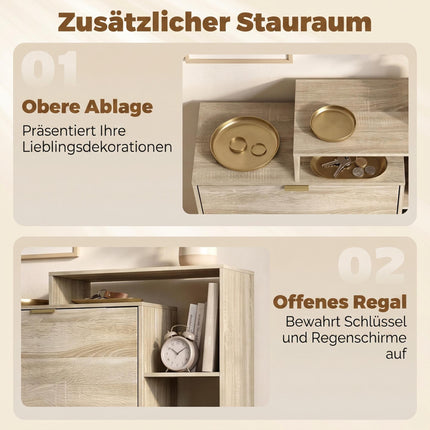 Slim Shoe Cabinet with 3 Flip Compartments for 18 Pairs, Natural, 25 cm Deep