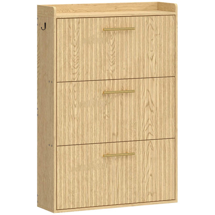 Slim Shoe Cabinet with 3 Flip-Down Drawers for 18 Pairs, Light Brown, 24 cm Deep